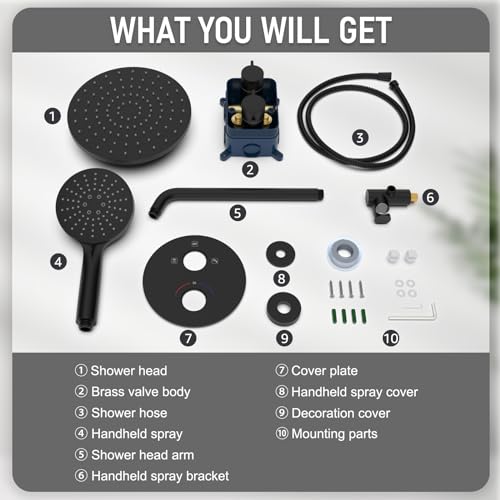 Image of Iriber Thermostatic Shower System Wall Mount with 10 Inch Roud Rainfall Shower Head and Handheld,Shower Faucet Mixer Trim Kit (Valve Included),Matte Black