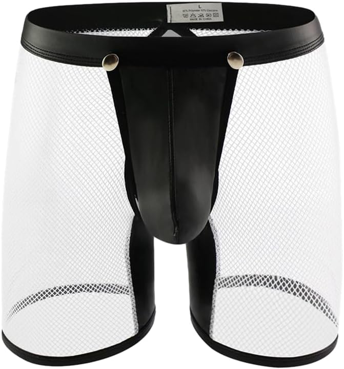 BaronHong Men's Underwear Sexy Mesh PU Leather Boxer Briefs Low Rise Erotic Rmovable Pouch Rave Party Servant Uniform