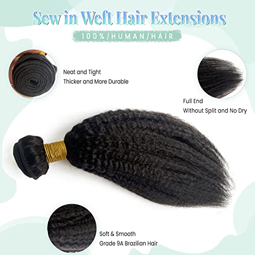 Image of Kinky Straight Hair Bundle 120G 24 Inch Sew in Hair Extensions Real Human Hair Wefts, Kinky Straight Natural Black Hand Tied Wefts Hair Extensions Human Hair Weave Weft Extensions