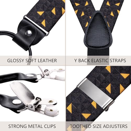 Image of Hi-Tie Mens Suspender Black Orange Geometric Bowtie Adjustable Y-Shape 6 Clips Trouser Braces Pre-Tied Bow Tie with Handkerchief Cufflinks