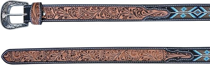 Quality Handmade Beaded Men's Leather Belt Thick Durable Wax Colorful Designs Cowboy Western Style Alloy Classic Fitted Casual Formal Wear in Pant Trouser Jeans Size: W-34-37/L-43in.3