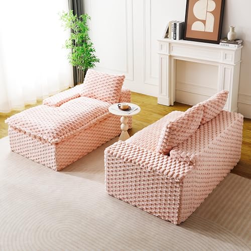 Image of KEIKI 96 inch L-Shape Modular Boneless Sectional Sofa Couch with Left Chaise for Living Room, Deep Seat Oversized Loveseat Convertible Sofa Bed for Feminine Apartment Studio, Pet Friendly, Pink