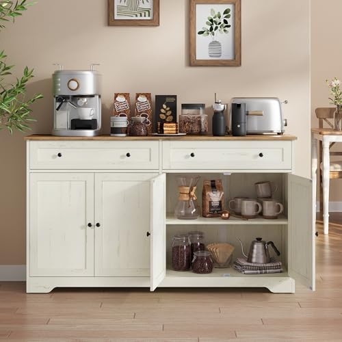 VASAGLE Siren Collection - Meuble de Rangement, Buffet de Cuisine, Style Maison de Campagne, avec 2 Tiroirs, Étagères Réglables, 4 Portes, Bar à Café, 40...