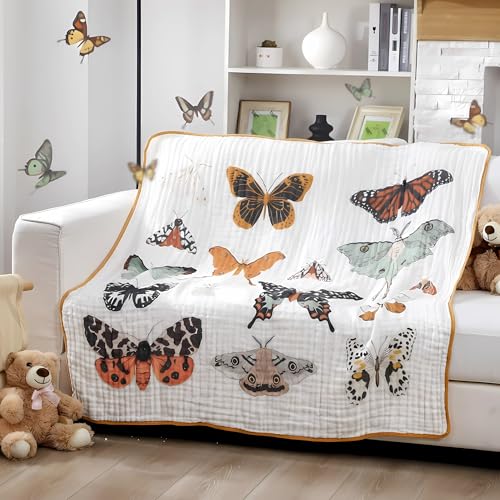 Image of SmoothNovelty Butterfly Muslin Blanket 47 x 47 Inch Warm Soft Cotton Muslin Swaddle Blanket, Boho Nursery Swaddling Wrap Quilt for Girls Bedding Gift, Spring Summer Nap, Crib Bed Sofa Nursery Decor