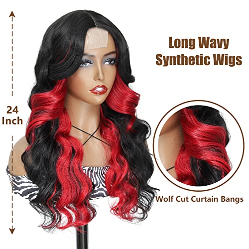 Black And Red Long Wavy Wigs For Black Women, Red Highlight Skunk Stripe Wig With Layered Haircut 24Inches Body Wave Synthetic Wigs For Cosplay Halloween Party Daily Wear(Black Mix Red) #TOP1