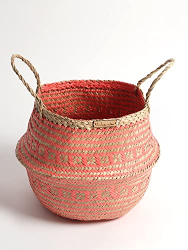 Image of Habere India-All the Cultures Fabricating India Wicker Basket For Plants | Storage Basket for Home Decor | Bamboo Baskets For Toy Storage | Belly Planter Baskets (Medium, Pink - Dia30 x H30 cm)