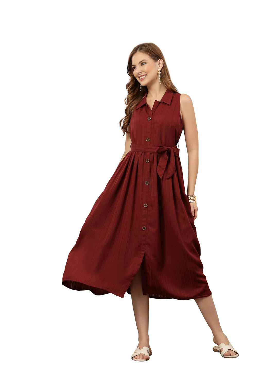 Women's Maroon Self Design Crepe Pleated Dress-image-16