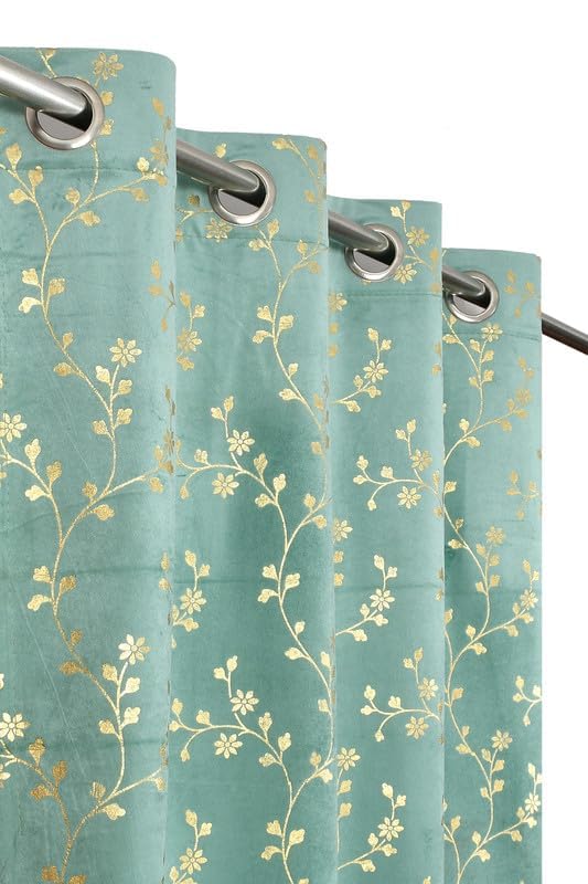 Image of Heavy Velvet Fabric Luxury Looks Room Darkening Floral Designer Curtains 5 Feet for Window, Aqua Island, Pack of 2 Pieces