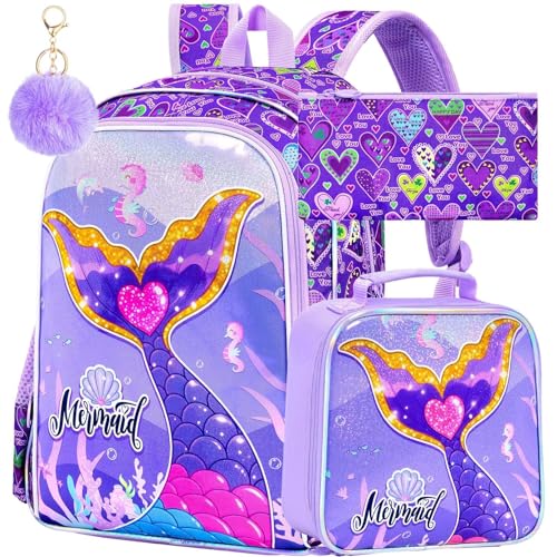 Image of 3Pcs Mermaid Backpack for Girls, 16 inch School Bookbag Set with Lunch Box,Kids Backpacks for Elementary Preschool Kindergarten (Purple)