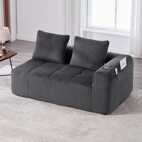 Sofá acolchado de 2 plazas con bolsillos laterales y portavasos, sofá chaise longue moderno con 2 cojines, tejido de pana, apto para salón y oficina, gris oscuro, no requiere montaje