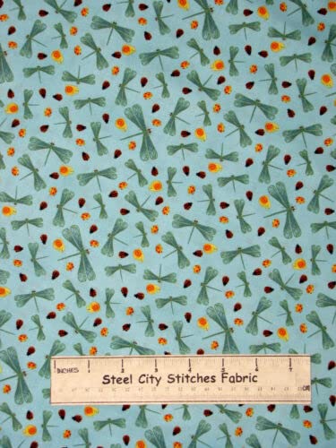 FlashPhoenixQuality Sewing Fabric –Dragonfly Ladybug Toss Aqua Blue 100% Cotton Fabric Avlyn 2 PC LOT (15 x 44 Inches, 26 x 44 Inches)