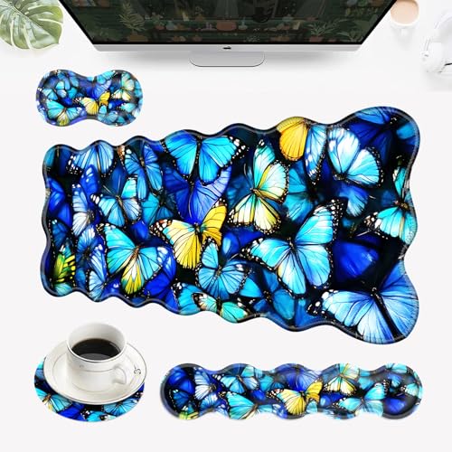 Tapis de souris ergonomique 4 en 1 avec repose-poignet motif papillons pour bureau