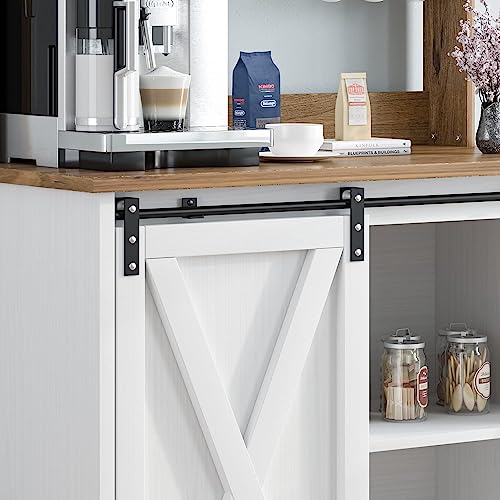 4ever2buy-Farmhouse-Coffee-Bar-Cabinet-with-6-Hooks-White-Coffee-Bar-Hutch-with-Storage-50-Inch-Buffet-Cabinet-with-Sliding-Barn-Door-Coffee-Bar-Table-with-Adjustable-Shelves-for-Living-Dining-Room 4ever2buy Farmhouse Coffee Bar Cabinet with 6 Hooks White Coffee Bar Hutch with Storage 50 Inch Buffet Cabinet with Sliding Barn Door Coffee Bar Table with Adjustable Shelves for Living Dining Room