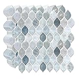 WALPLUS 20 Sheets Glossy Peel and Stick Kitchen Backsplash Thicker Design Tile Stickers Self Adhesive Stick on Subway Tile 12' x 6' Bathroom Splashback Water Heat Resistant 3D Wall Tiles Leaf Gray