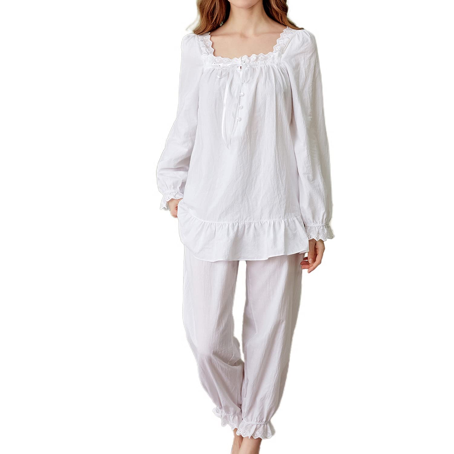 Damen Baumwolle Zweiteiliger Pyjama Set Vintage Langarm Oberteil und Hose Spitze Rüschen Nachtwäsche Viktorianische Nachtwäsche