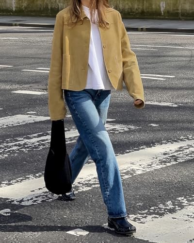 chouyatou Women's Faux Suede Cropped Jacket Casual Button Down Faux Suede Leather Shacket Tops2