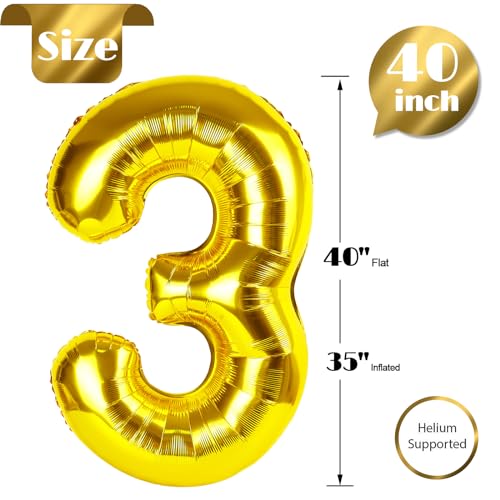 Image of Gold 3 Balloon, Number Balloon 40 Inch, 3rd Three Year Old Birthday Deco, Gold Party Supplies for Party Decorations, Number 3 Balloon
