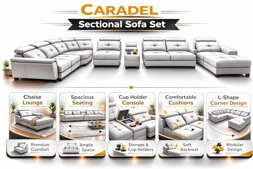 Image of Mishel 12 Seater Sofa Set for Living Room | Sectional U Shaped 12 Seater Sofa with Storage & Cupholder (Cream Leatherette, LHS)