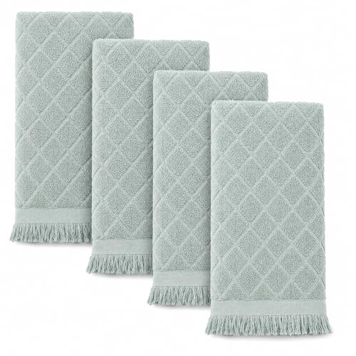 Image of Kitchen Towels, Set of 4 Hand Towels, Blue Diamond Pattern Drying Towels 18 x 28 Super Absorbent Cotton Hand Cloths with Fringed Edges, Everyday Essentials Kitchen Linens