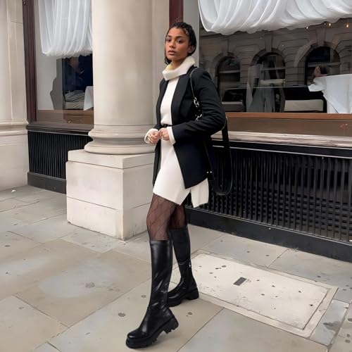 CouieCuies Women's Knee High Boots Black Tall Boot Lug Sole Shoes Stretch Below the Knee Comfortable Thick Sole Dressy Half Zipper4