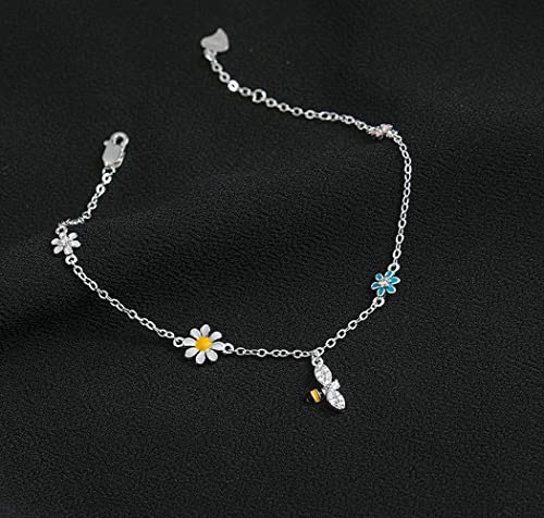 Cute Daisy Flowers Honeybee Sterling Silver Cubic Zirconia Bracelet - Silver with Colorful Crystals - 73 Inch Link Chain - Fine Jewelry - Female - Adult - Floral Collection 5