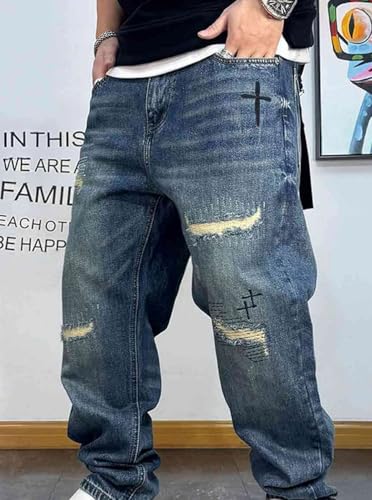 Men’S Vintage Hip Hop Ripped Straight Leg Pants Button Fly Midweight Distressed Washed Patched Casual Full Length Jeans4