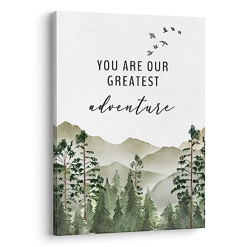 Image of XWELLDAN You are Our Greatest Adventure Woodland Nursery Inspirational Wall Art Canvas Prints,Watercolor Forest Mountain Adventure Wall Art Decor for Kids Baby Bedroom Nursery, 11 x 14 Inch, Framed