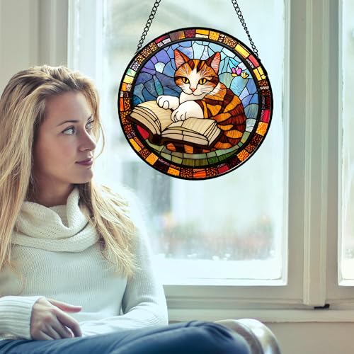 Image of DASTOLL Stained Glass Window Hanging Little Cat Reading Large 15 inch - Suncatcher Door Garden Kitchen Sunroom Sun Catcher Home Decor Birthday for Lost Pets Mom Grandma Men Woman Friend