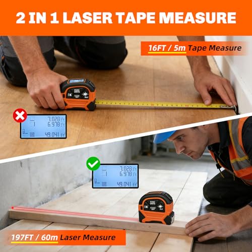2-in-1 Laser Tape Measure, 197Ft Rechargeable Digital Laser Measurement Tool & 16Ft Tape Measurer with LCD Backlight - Pythagoras/Distance/Area/Volume Digital Tape Measure for Construction