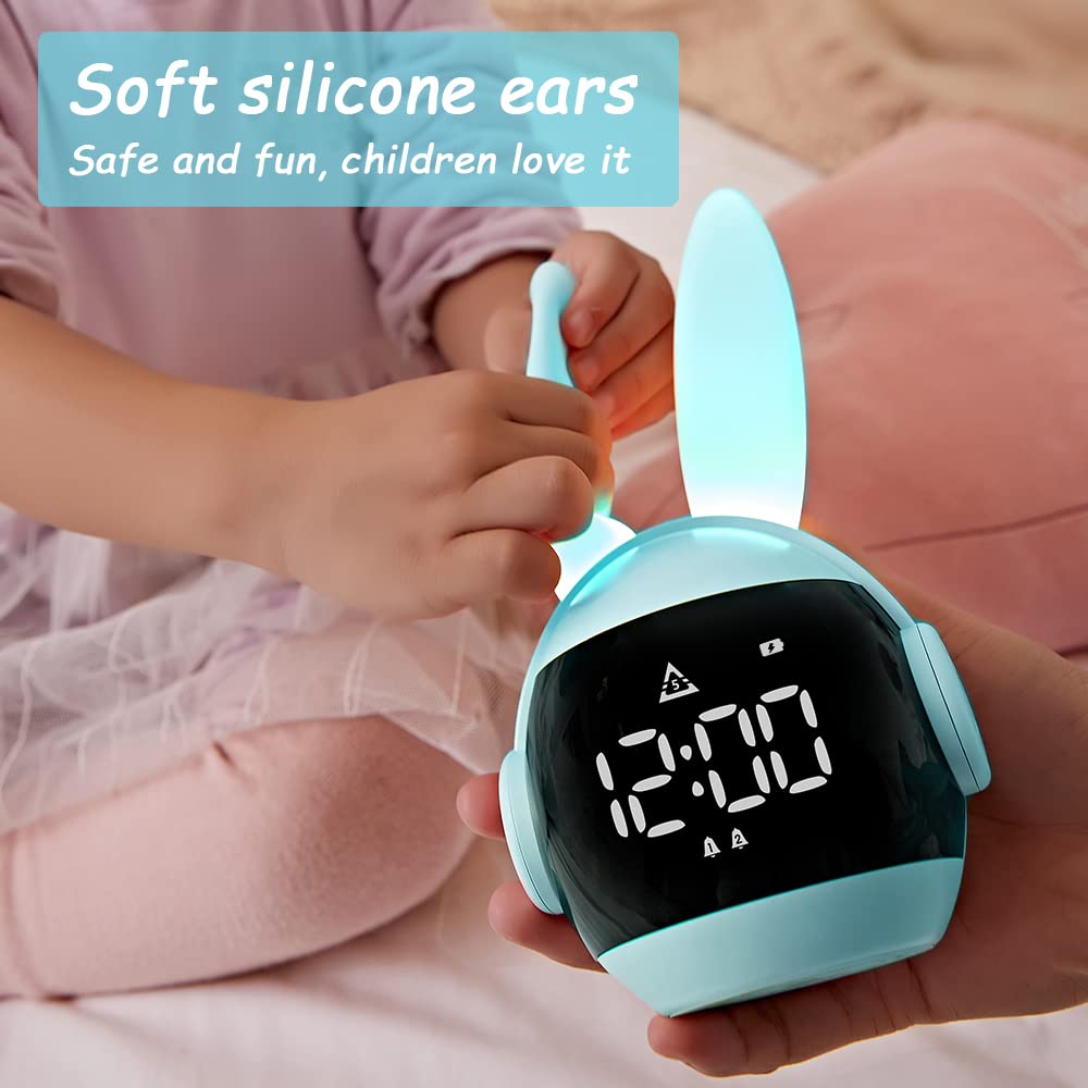 Vicloon Sveglia Bambini da Comodino, Sveglia Digitale per Bambini, Sveglia per Bambini con Funzione Snooze, Timer, 6 Suonerie, 4 Volumi, Luce Regolabile All'infinito, USB Ricaricare, Coniglio Blu