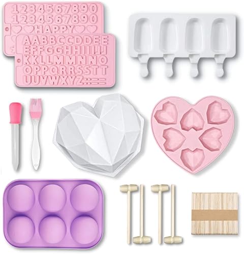 AOYOCO Chocolate Molds Silicone - 2 Sizes Breakable Heart Molds, Popsicle Molds w 4 Wood Hammers & 50 Sticks, Mothers Day Chocolate Mold, Number &