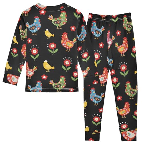 Pajama Sets Long Sleeve Colorful Chickens and Flowers Soft Comfy Sleepwear 2 Piece PJS 3-8T3