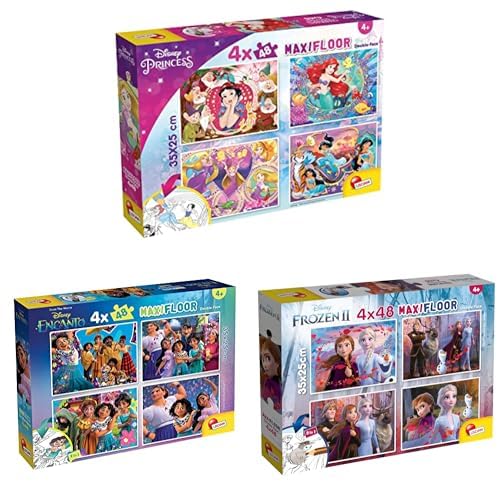 LISCIANI - LOT 3 Puzzles Disney - Princesses + Encanto + Reine des NEIGES - 4x48 Pièces Chacun - Double Face à Colorier - Jeu Éducatif 3-4 Ans - Développe Réflexion - 35x25cm - Feutres Inclus