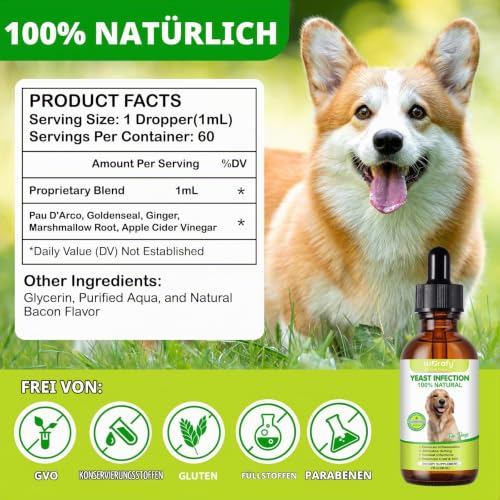 Behandlung von Hefepilzinfektionen bei Hunden – Natürliche Anti-Hefepilz-Tropfen, Linderung von Ohr- und Hautjucken, Linderung von Allergiesymptomen, 60 ml