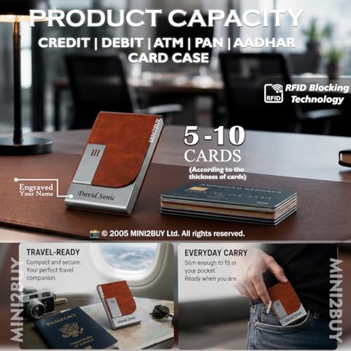 Image of Mini2buy Customized Name Engraved Card Holder for Credit, Debit, ATM, and Business Visiting Cards from Premium Stainless Steel Size Ideal for Personal use or Corporate Gifting (Brown)