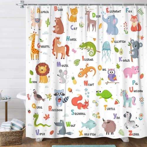 Image of Kids Alphabet Shower Curtain for Bathroom Decor, ABC Educational Learning Tool Bath Curtain,Cute Cartoon Animals Colorful Girls Boys Art Printed Fabric Polyester Waterproof Curtain Sets 12 PC Hooks