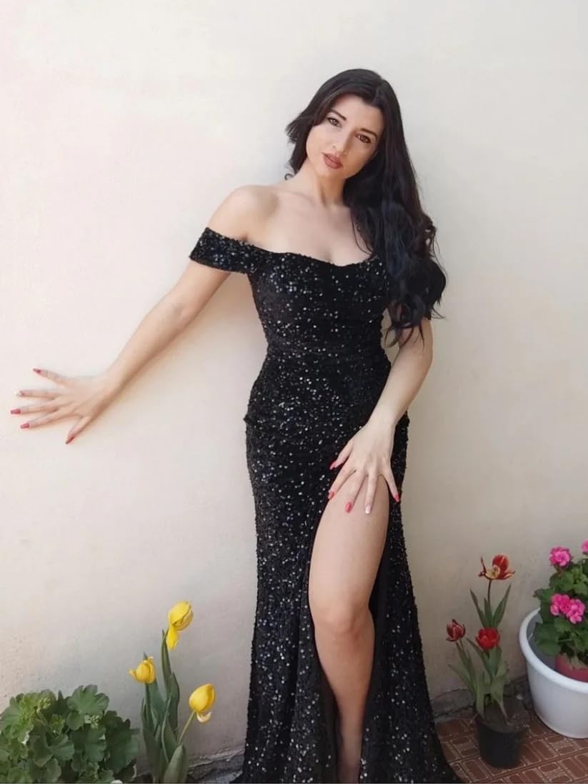 Women's Sequin Prom Dresses with Slit Off The Shoulder Evening Gown Sparkly Mermaid Evening Party Dress - Image 3
