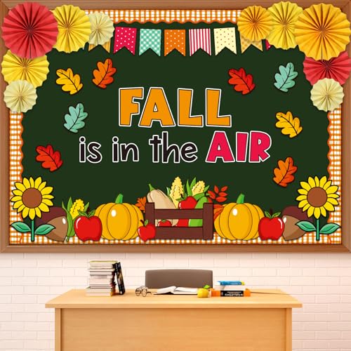 Image of Fall Thanksgiving Bulletin Board Set for Classroom Decoration Fall is in The Air Paper Cutouts with 3D Paper Fans Autumn Leaves Pumpkins Bulletin Board for School Office Harvest Wall Decor
