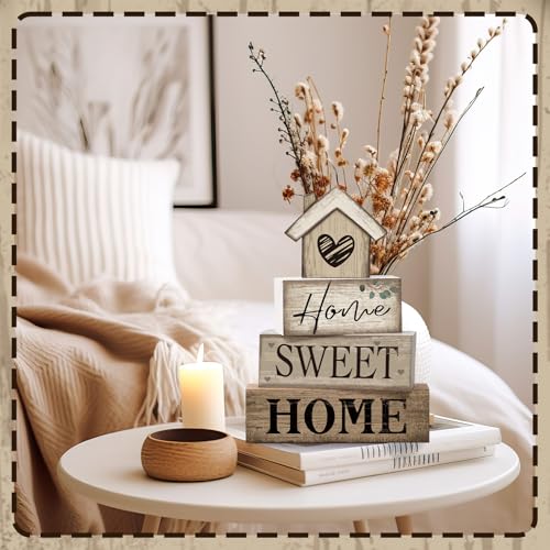 Image of Moucuny 4 Pcs Wooden Farmhouse Tabletop Decor Rustic Home Tiered Tray Decor Decorative Highland Cow Home Eucalyptus Block Signs Gift Farmhouse Table Decoration for Kitchen Shelf(House)