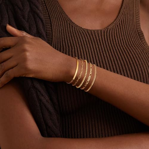 Wowshow Gold Bracelets for Women Bracelet Stack Set 14K Real Gold Plated Link Charm Bracelet Dainty Link Chain Stackable Charm Bracelets Adjustable Bangle Cuff Bracelet Pack Jewelry Gifts for Women4