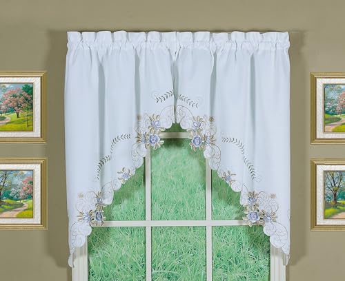 Today's Curtain Aujourd 'Hui Rideau Verona Envers Broderie Window Swag, 96,5 cm, Blanc/Bleu