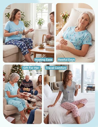 Image of American Trends 2 Pack Womens Pajama Sets Two Piece, Soft Cotton Blend Sleepwear V Neck Tops with Capri Pants Summer PJ Set