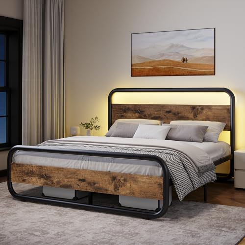 Image of Full Size Bed Frame, Wood Headboard and Footboard, LED Lights, Rustic Brown