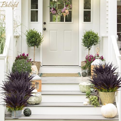 Phliofd 6Pcs Artificial Grass Fake Grass Plants 17.3in Outdoor Plants UV Resistant Faux Greenery Stems for Home Window Garden Office Patio Pathway Front Porch Halloween Décor Light Green & Purple - Thumbnail 5