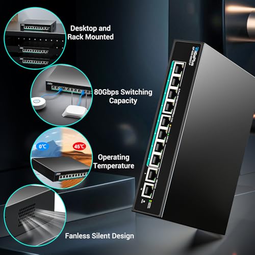 Image of 10-Port 10Gb Unmanaged PoE Ethernet Switch with 8*2.5G Base-T PoE Ports, 2*10G RJ45 Ports. 80Gbps Switching Capacity, GiGaPlus 10Gbps Network Switch for 2.5G /10Gbps NAS /PC, WiFi6 Router, Wireless AP