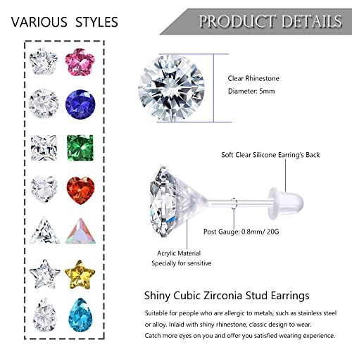 14Pairs Clear Plastic CZ Studs Earrings for Women Colorful Acrylic Post Hypoallergenic Stud Earring Set CZ Rhinestone Ear Studs Piercing Retainers2