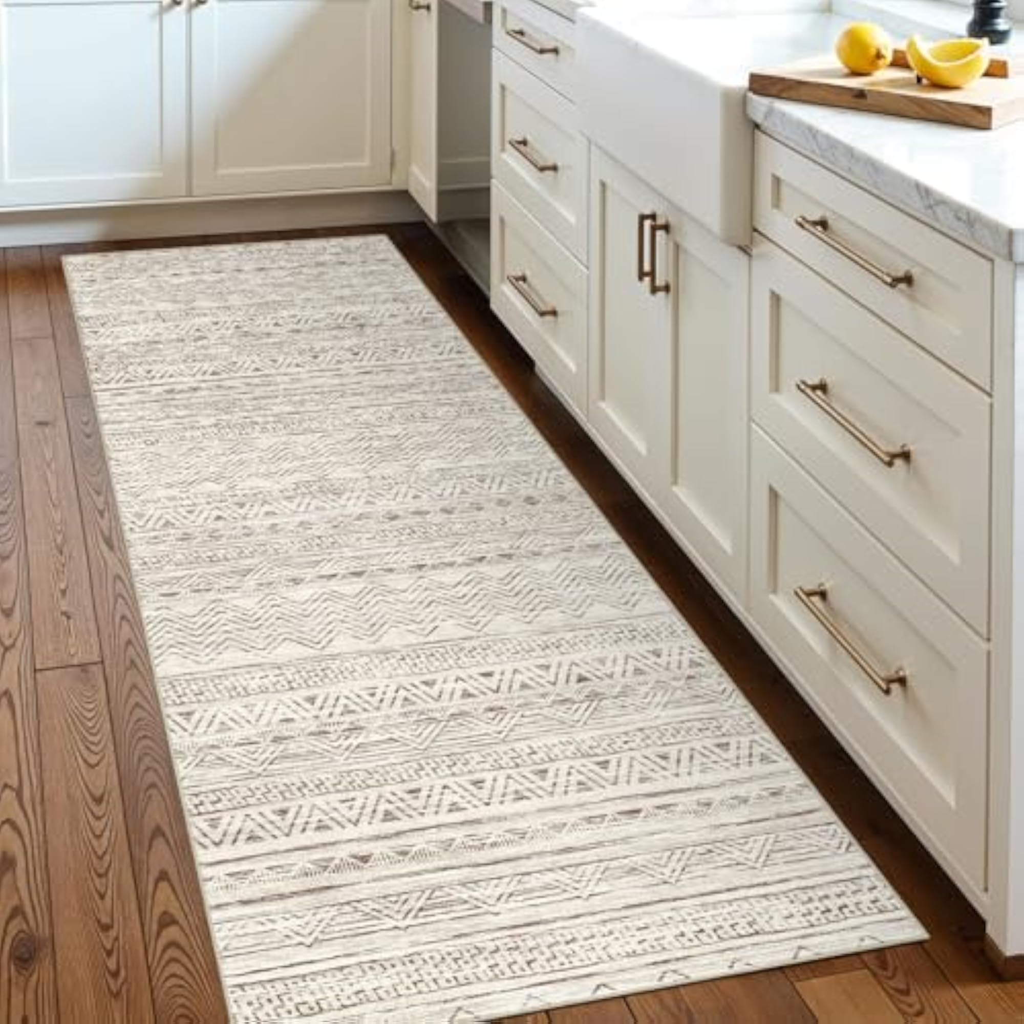 Washable Moroccan Runner Rug, Non-Slip, Beige