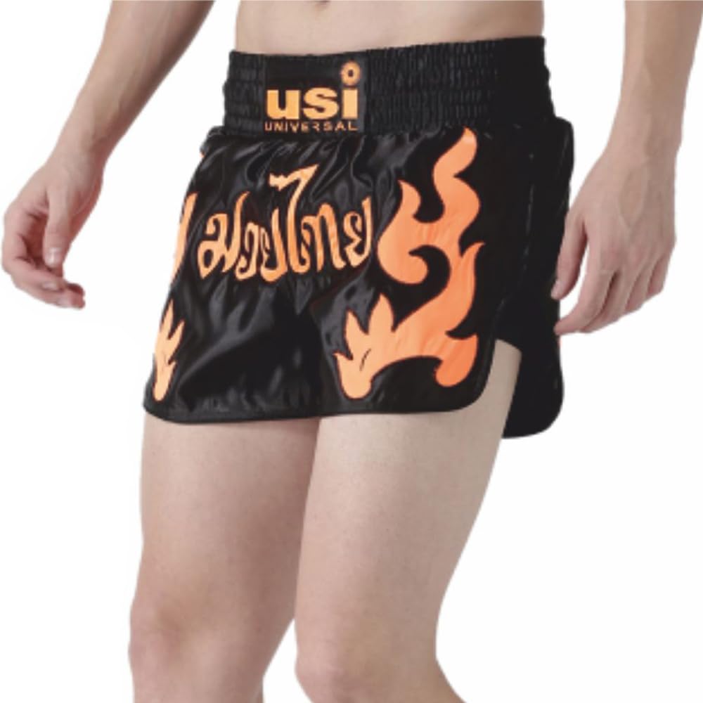 Usi Universal Men's Polyester Muay Thai Shorts (Black and Orange, X-Large)