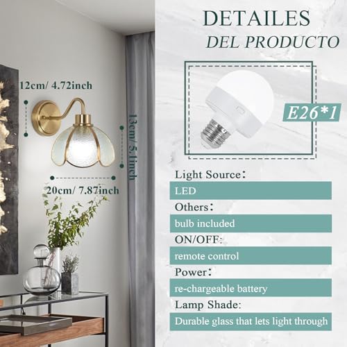 Image of Battery Operated Wall Sconce, Vintage Wall Sconce with Gold Trim Tulip Glass Lampshade Rechargeable Battery Powered Wall Light with Remote Control for Bedside Bedroom Doorway