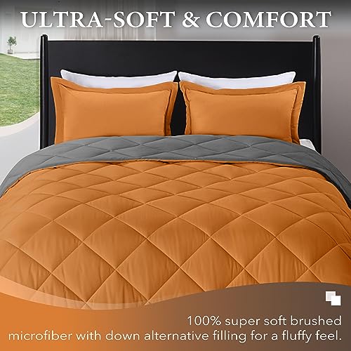 Image of downluxe Queen Comforter Set - Burnt Orange and Grey Queen Comforter, Soft Bedding Sets for All Seasons -3 Pieces - 1 Comforter (88 inchx92 inch) and 2 Pillow Shams(20 inchx26 inch)
